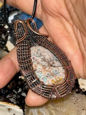 Oxidized Wire-wrapped Dyed Crazy Lace Agate Pendant 2 1/2”